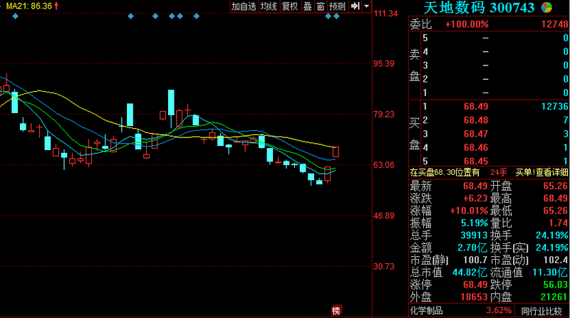 一,天地数码(300743)资金介入 上涨概率75%